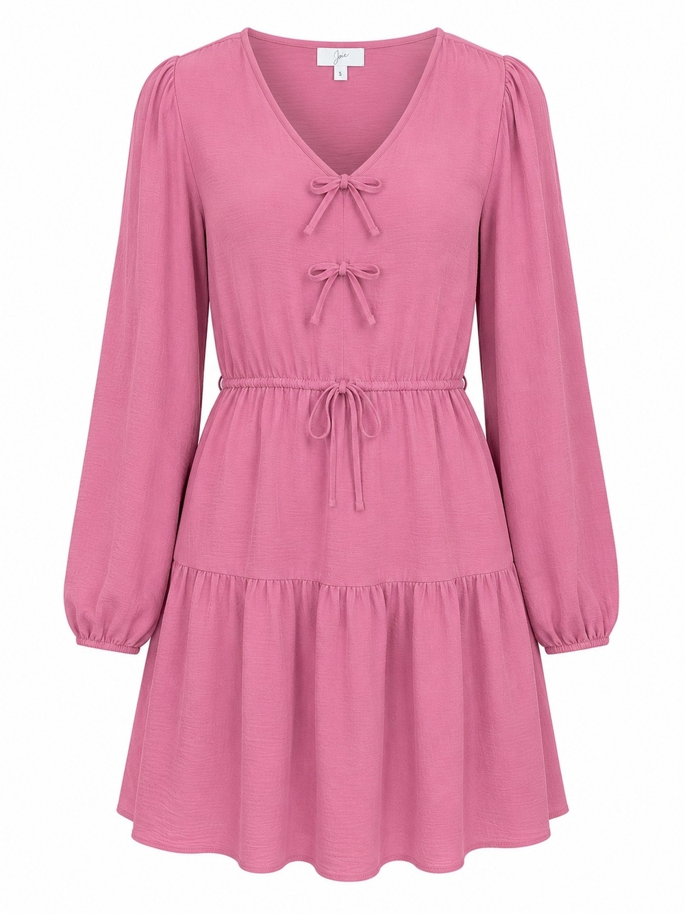 JOIE | Pink Bow Front Tiered Balloon Sleeve Boho Mini V-Neck Dress Coquette | L